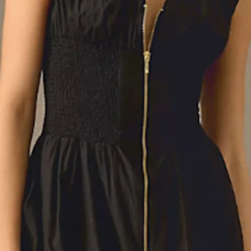 Anthropologie XXS Black Cotton Midi Dress with Gold Front Zipper and Pockets - Picture 3 of 11